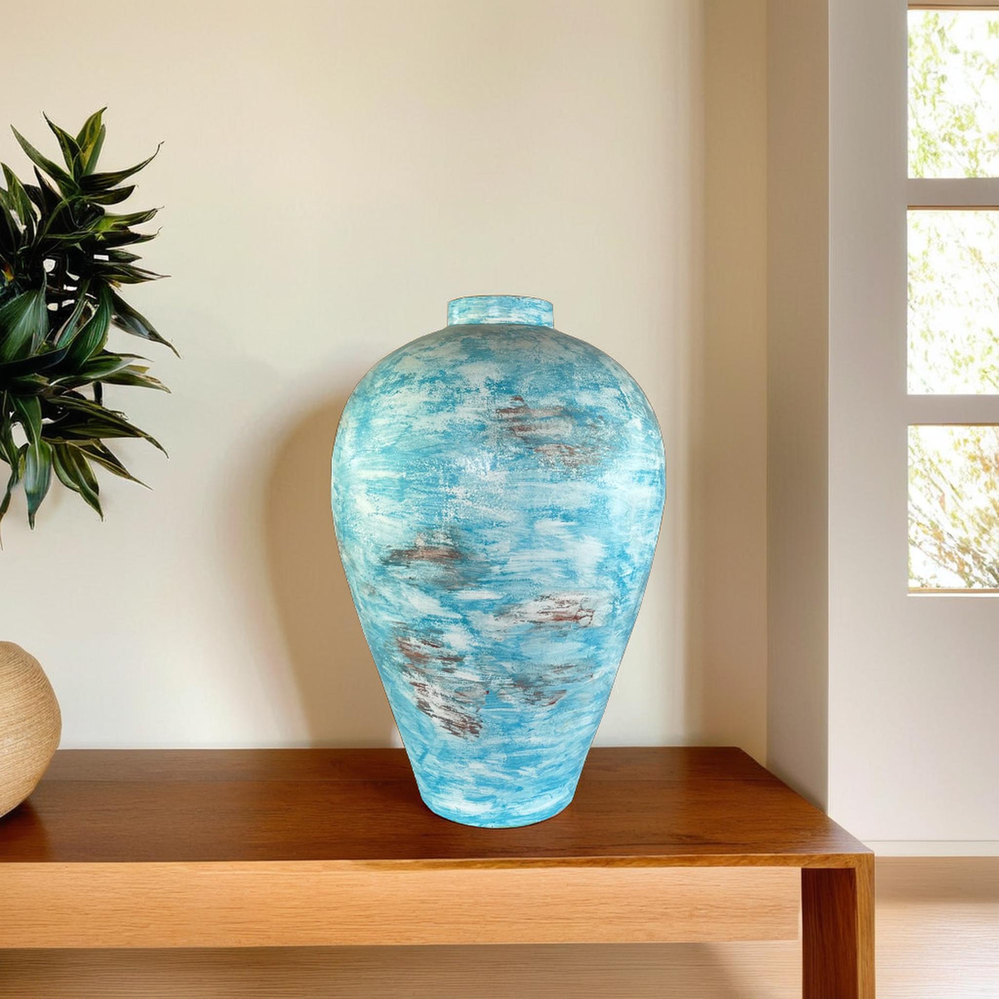 Tall Coastal Farmhouse Vase for Floor Decor | Large Hand-Painted Pottery Jar | SV08